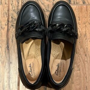 Clarks Black Leather Loafers with Chain Accent
